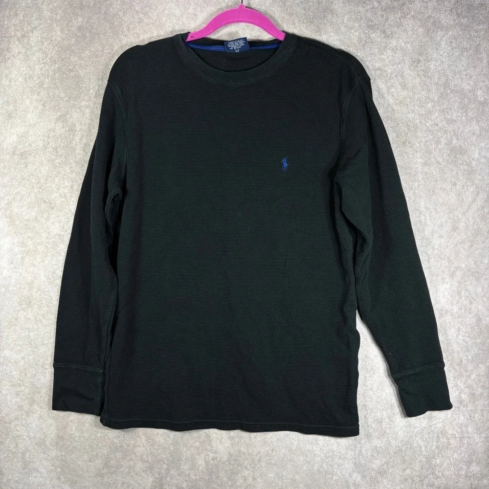 Polo Ralph Lauren Shirt Men L Black Sleepwear Thermal Waffle Knit Blue Pony Logo